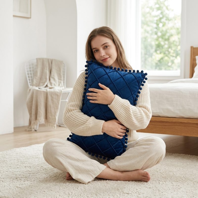 Coussin velours bleu de forme rectangulaire